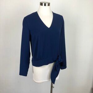 Amanda Uprichard Soft Tie Waist Long Sleeve Blouse Top V-Neck Navy Blue Size M